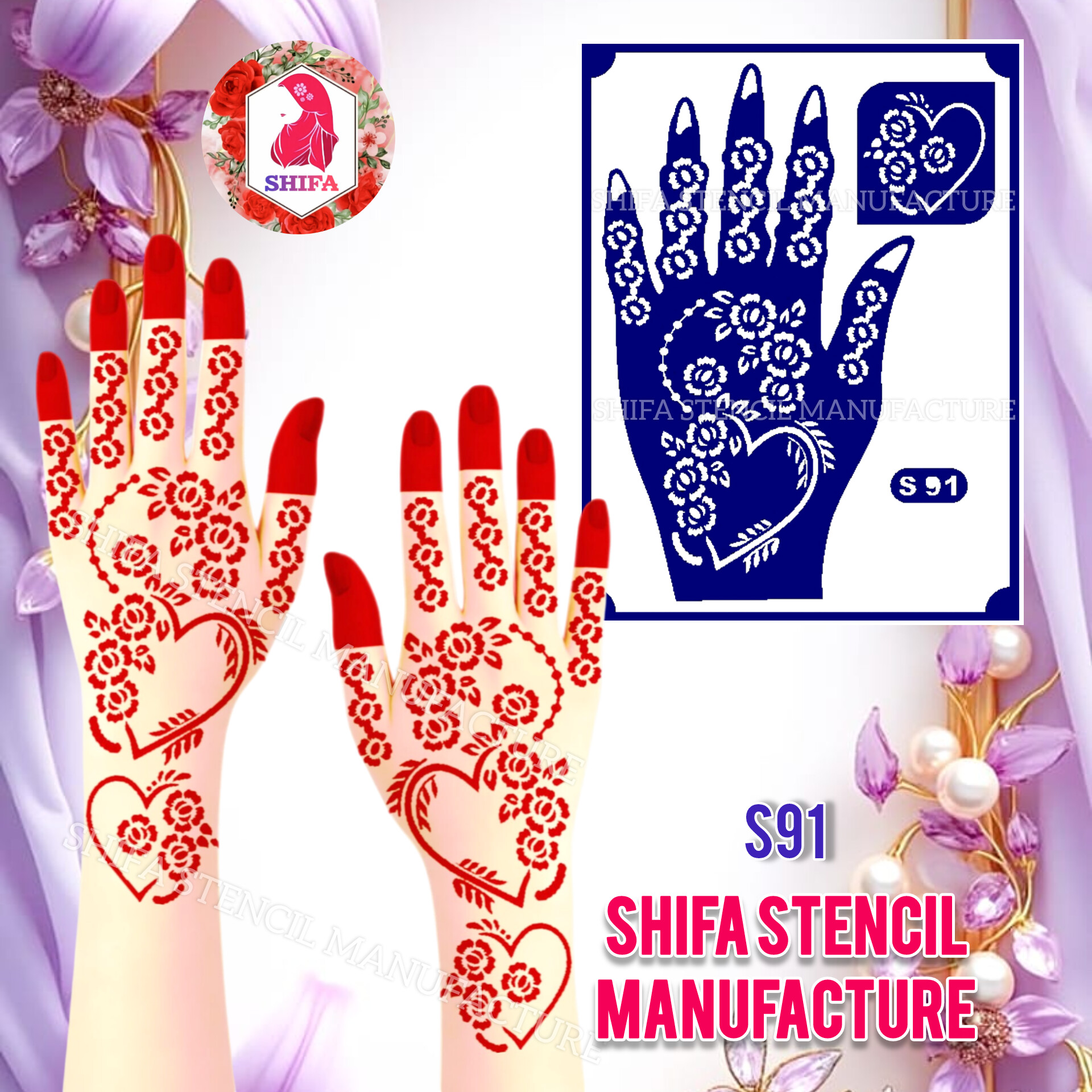 S91 Heart & Blossom Vine Design Sticker Overview  Henna Stencil - Shifa Stencil